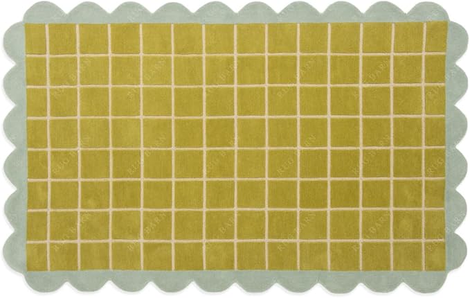 Checkered Wool Area Rug with Scalloped Border, Chartreuse Green & Cream Grid, Hand-Tufted, Soft Cut Pile, Modern Cottagecore Living Room, Bedroom & Nursery Carpet - 6x8 Ft