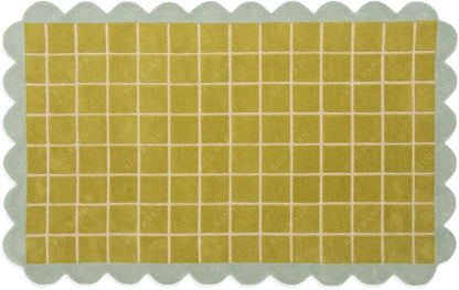 Checkered Wool Area Rug with Scalloped Border, Chartreuse Green & Cream Grid, Hand-Tufted, Soft Cut Pile, Modern Cottagecore Living Room, Bedroom & Nursery Carpet - 8x8 Ft (Square)