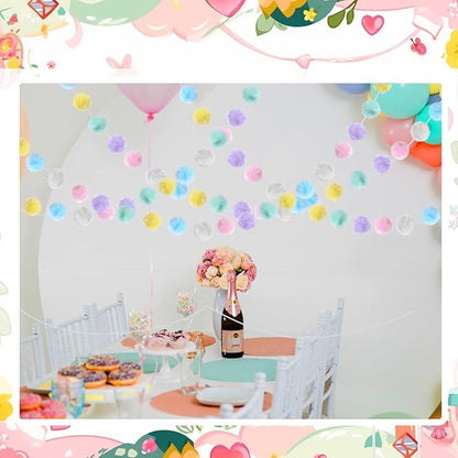 2 Pack Large Pom Poms Garland Hanging Decorations Colorful Soft Faux Rabbit Fur Ball Garland for Easter Xmas Holiday Wedding Baby Shower Birthday Party Supplies(Pastel Color,2.36 Inch)