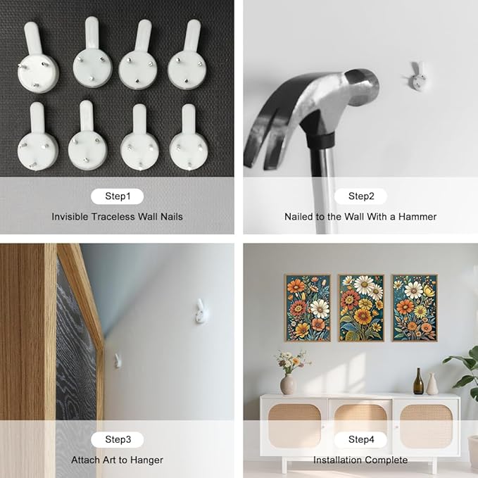 HOURIA Retro Boho Flower Framed Canvas Wall Art Set,Colorful Wilderness Floral with Green Leaves Wall Decor,Nature Botanical Wall Painting,Vintage Bouquet Art Prints for Living Room, Bedroom-16"x24"x3