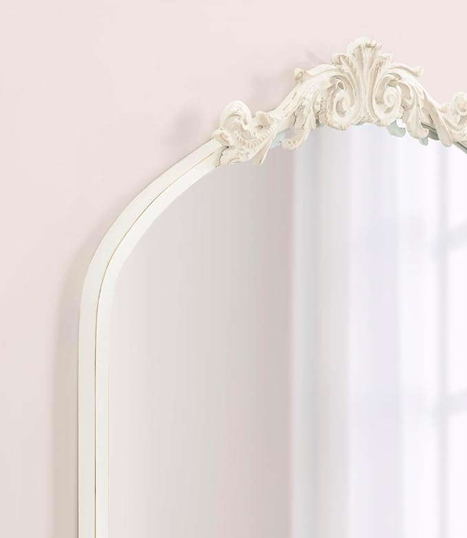 Kate and Laurel Arendahl Traditional Arch Wall Mirror; 24 x 36; Antique White; Vintage Glam Baroque-Inspired Arched Bathroom Vanity Mirror with Ornate Crown