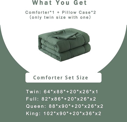 DOWNCOOL All Seasons Sage Green Bedding Comforters & Sets with 2 Pillow Cases -3 Pieces Down Alternative Comforter Set -Bedding Comforter Sets Queen -Lightweight and Noiseless (Queen,88x90 inches)