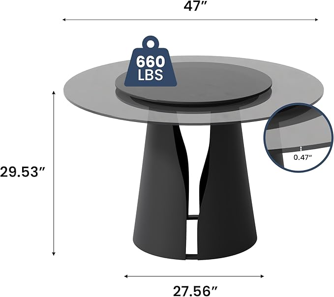 POVISON Round Dining Table for 4, Modern Dining Table Round 47" with 23" Lasy Susan, Black Glass Tabletop with Solid Black Carbon Steel Pedestal (Dining Table Only)