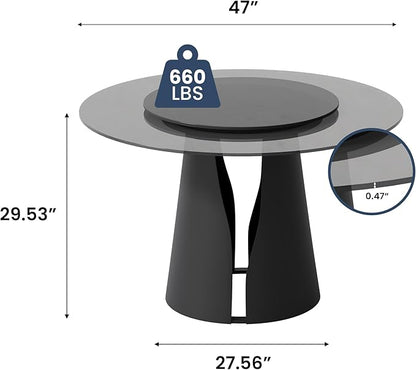 POVISON Round Dining Table for 4, Modern Dining Table Round 47" with 23" Lasy Susan, Black Glass Tabletop with Solid Black Carbon Steel Pedestal (Dining Table Only)