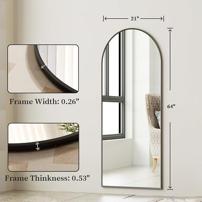 Arched Full Length Mirror, 64" x 21" Arch Floor Mirror with Stand, Full Length Wall Mirror Hanging or Leaning Arched-Top Full Body with Stand for Bedroom, Dressing Room, Black