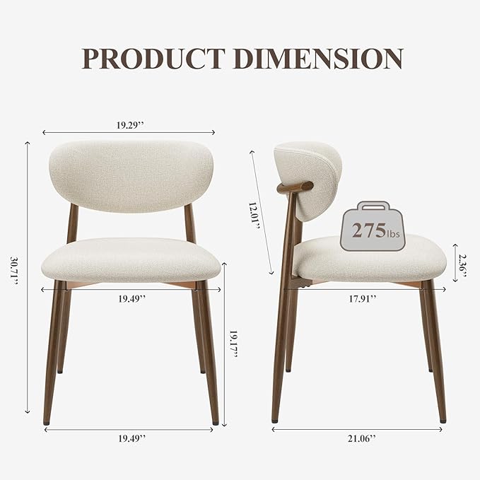 Dining Chairs Set of 2, Upholstered Dining Room Chairs with Metal Legs and Anti Slip Pads, Curved Back Wood Kitchen Chair for Home and Restaurant Use, Beige