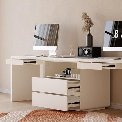 homary 94.5'' White Double Workstation Desk for 2, Large Home Office Computer Desk with 4 Drawers & 1 Cabinet, Executive Modern White Desk for Shared Workspace