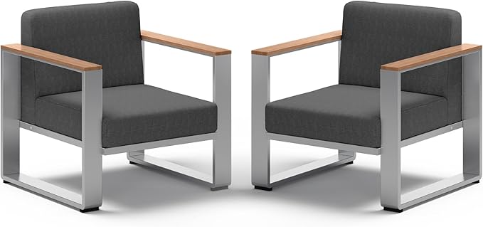 Aluminum Outdoor Patio Furniture,2 Pieces Outdoor Chair, All-Weather Outside Single Chair for Deck, Porch (Teak-Charcoal)