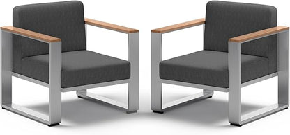 Aluminum Outdoor Patio Furniture,2 Pieces Outdoor Chair, All-Weather Outside Single Chair for Deck, Porch (Teak-Charcoal)