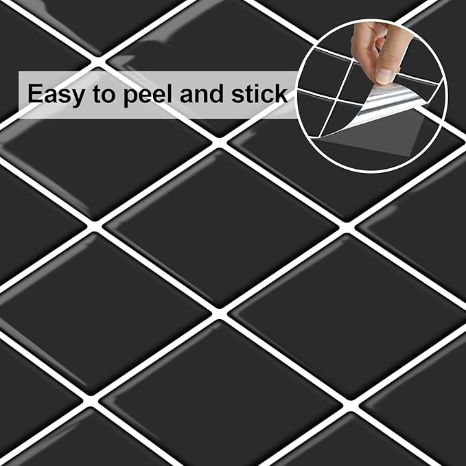 Alwayspon 10 Sheets 10"x10" Black 3D Vinyl Backsplash Tiles, Self-Adhesive Peel and Stick Wall Tile Stickers Stick on Subway Tiles for Kitchen Bathroom Wall