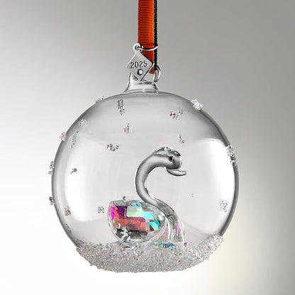 2025 Crystal Clear Glass Ball Christmas Ornament, Modern Tree Decoration with Red Ribbon (Swan)