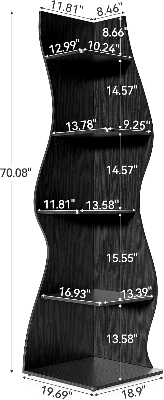 LITTLE TREE Small Corner Shelf, Modern 5-Tier Wall Corner Bookshelf, Stylish Bookcase Storage Rack for Small Space, Living Room, Bedroom, Black, 2 Pack