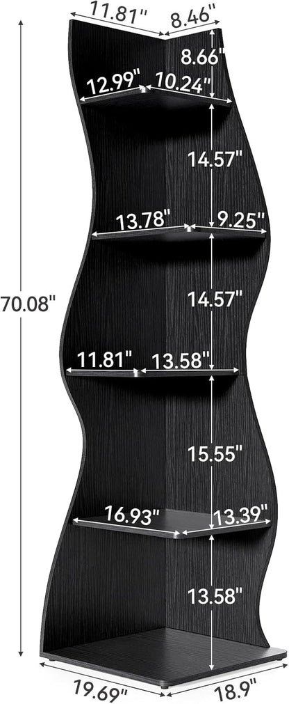 LITTLE TREE Small Corner Shelf, Modern 5-Tier Wall Corner Bookshelf, Stylish Bookcase Storage Rack for Small Space, Living Room, Bedroom, Black, 2 Pack