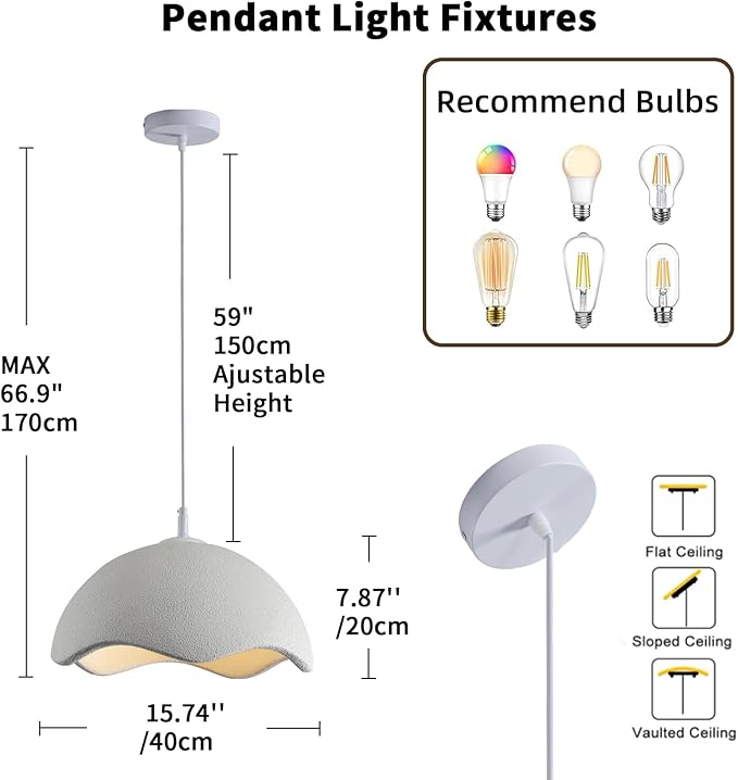 JAYMP 40cm Modern Pendant Light for Dining Room Kitchen Island Light Hanging Lamp E26 Base Japanese Wabi-Sabi Style Bird Nest Shape Lighting Fixture,1 Pack(Matte White,D Shape, 40cm/15.7inch)