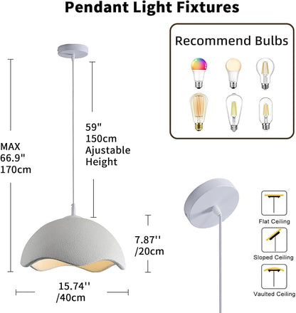 JAYMP 40cm Modern Pendant Light for Dining Room Kitchen Island Light Hanging Lamp E26 Base Japanese Wabi-Sabi Style Bird Nest Shape Lighting Fixture,1 Pack(Matte White,D Shape, 40cm/15.7inch)