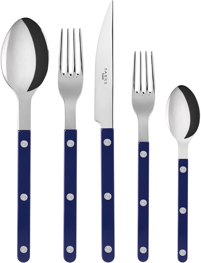 5-Piece Flatware Set - Bistrot Collection - Knife, Fork, Soup Spoon, Teaspoon & Dessert Fork - Stainless Steel & Nylon - Dishwasher Safe - Navy Blue - Brilliant Finish