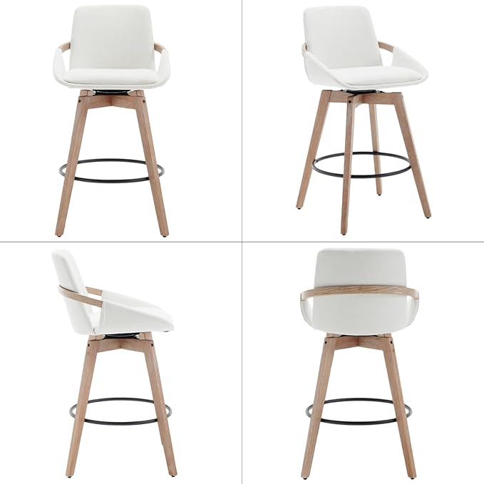 Mid-Century Swivel Bar Stools Set of 2, 26.5 inch Counter Height Barstools Linen Fabric Bar Chairs with Wooden Frame for Kitchen Island Dining Room, White