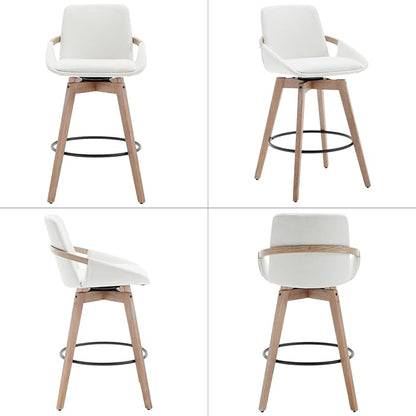 Mid-Century Swivel Bar Stools Set of 6, 26.5 inch Counter Height Barstools Linen Fabric Bar Chairs with Wooden Frame for Kitchen Island Dining Room, White