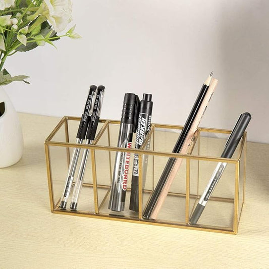 NIUBEE Acrylic Pen Holder 4 Compartments, Gold Copper Border Pencil Organizer Cup for Countertop Desk Accessory Storage