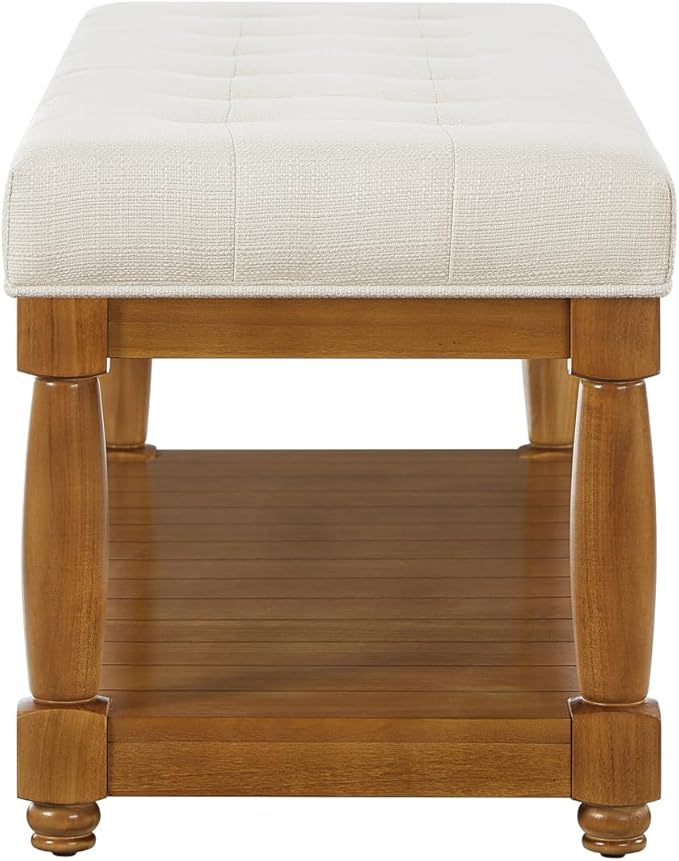 24KF Large Rectangular Upholstered Tufted Bed Bench, Linen Fabric Storage Ottoman Bench for Living Room, Padded Entryway Bench with Solid Wood Shelf,5098-Ivory