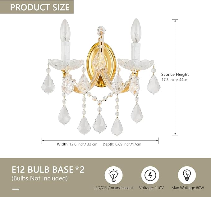 Crystal Wall Sconce Lighting, 2-Light Modern Crystal Wall Light Fixture Bathroom Maria Theresa Wall Lamp Light Fixtures for Living Room Wall Sconce Light Wall Mounted Lamp Indoor