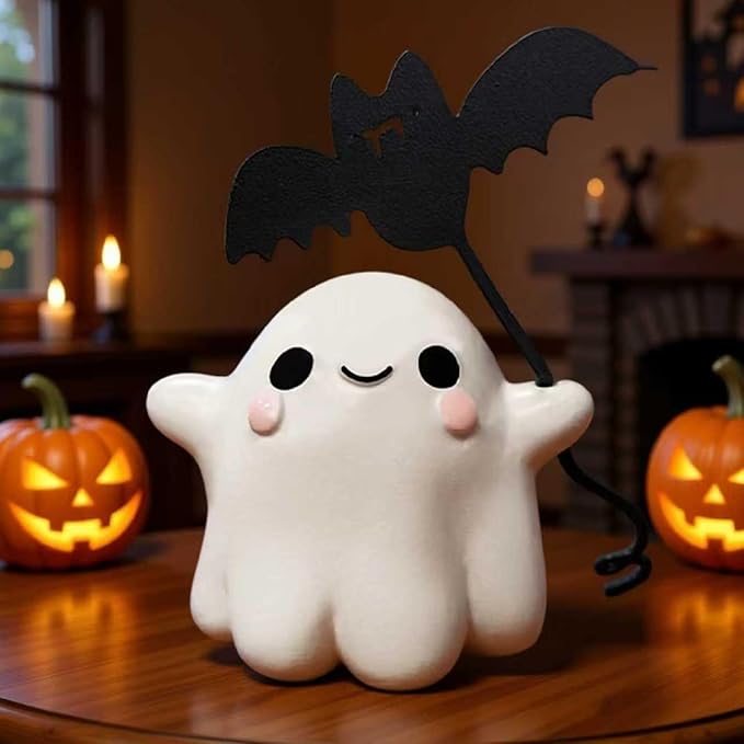 Halloween Ghost with Bat Balloon Figurine - Ghost Figurine Ghost Decor, Cute Ghost Statue Ghost for Halloween Decoration Humorous Desktop Art Piece