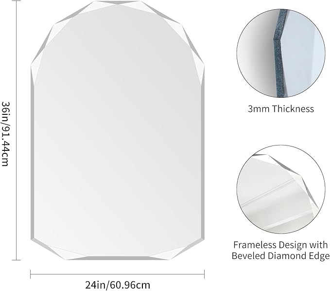 KOCUUY 24"x36" Frameless Wall Mirror, Arched Shape with Diamond-Shaped Beveled Edge,Unframed Decorative with Upgraded Shatterproof Glass,Unique Frameless Mirror for Bathroom,Living Room,Bedroom