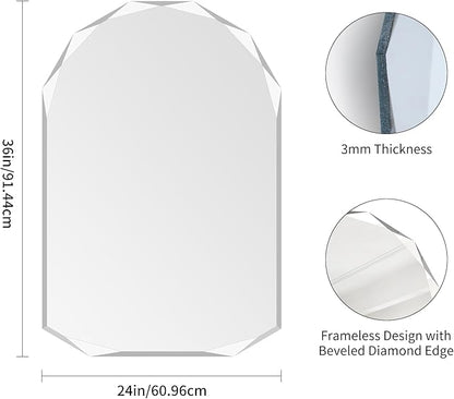 KOCUUY 24"x36" Frameless Wall Mirror, Arched Shape with Diamond-Shaped Beveled Edge,Unframed Decorative with Upgraded Shatterproof Glass,Unique Frameless Mirror for Bathroom,Living Room,Bedroom