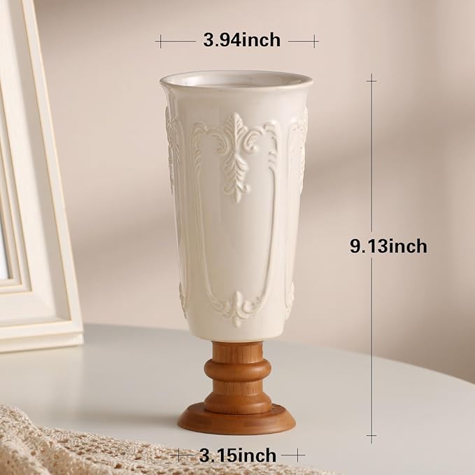 hjn White Ceramic Vase- French Flower Vase for Decor Small Vintage Vases with Wood Base for Table/Living Room/Shelf/Mantel/Office-Height-9.1"-Floral Embossing