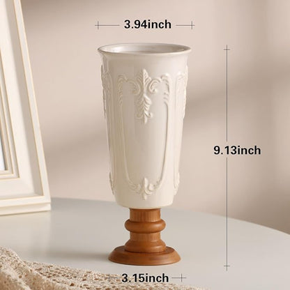 hjn White Ceramic Vase- French Flower Vase for Decor Small Vintage Vases with Wood Base for Table/Living Room/Shelf/Mantel/Office-Height-9.1"-Floral Embossing