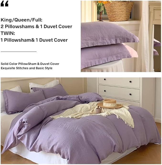 Simple&Opulence 100% Linen Duvet Cover Set, 3 PCS Natural French Flax Lilac Duvet Cover Queen Size, Breathable Soft Comfy Linen Bedding Comforter Cover with 2 Pillowcases(Lilac, 88"x92")