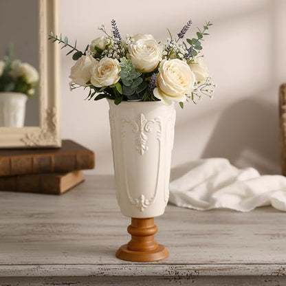 hjn White Ceramic Vase- French Flower Vase for Decor Small Vintage Vases with Wood Base for Table/Living Room/Shelf/Mantel/Office-Height-9.1"-Floral Embossing
