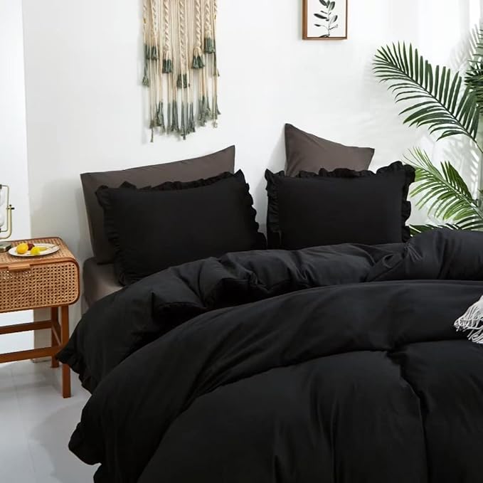 CLOTHKNOW Black Ruffles Queen Comforter Set Farmhouse Bedding Comforter Sets Shabby Chic Comforter Boho Comforter Queen with 2 x Pillow Cases