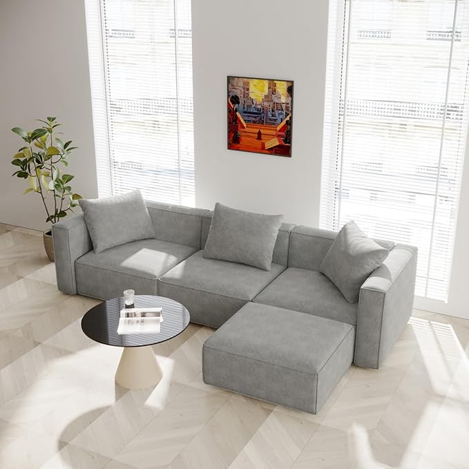 Acanva Luxury Modular Sectional Living Room Sofa Set, Modern Minimalist Style Couch with Ottoman and Chaise, L-Shape, Grey