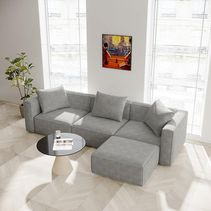 Acanva Luxury Modular Sectional Living Room Sofa Set, Modern Minimalist Style Couch with Ottoman and Chaise, L-Shape, Grey