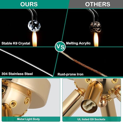 HMVPL Gold Crystal Flush Mount Ceiling Light, 4-Light Brass Mini Chandelier Light Fixture,Modern Sputnik Ceiling Light,Golden Light Fixture for Hallway Kitchen Foyer Nursery Closet Bedroom Dining Room