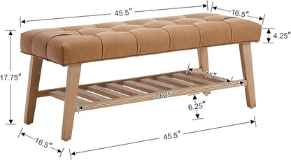 Farmhouse Upholstered Storage Entryway Bench with Shoe Shelf, 2 Tier Faux Leather Button Tufted Bench with Wooden Frame for End of Bed/Hallway/Reception/Living Room, Brown