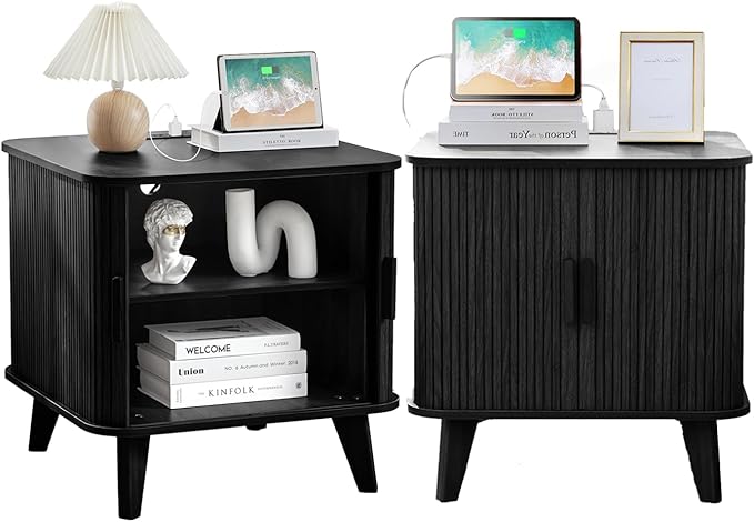 24 Inch Wood Nightstands Set of 2, Mid-Century Modern End Table with Charging Station 2AC+3USB, BedSide Table with Storage & Sliding Door (2XSquare, Black)