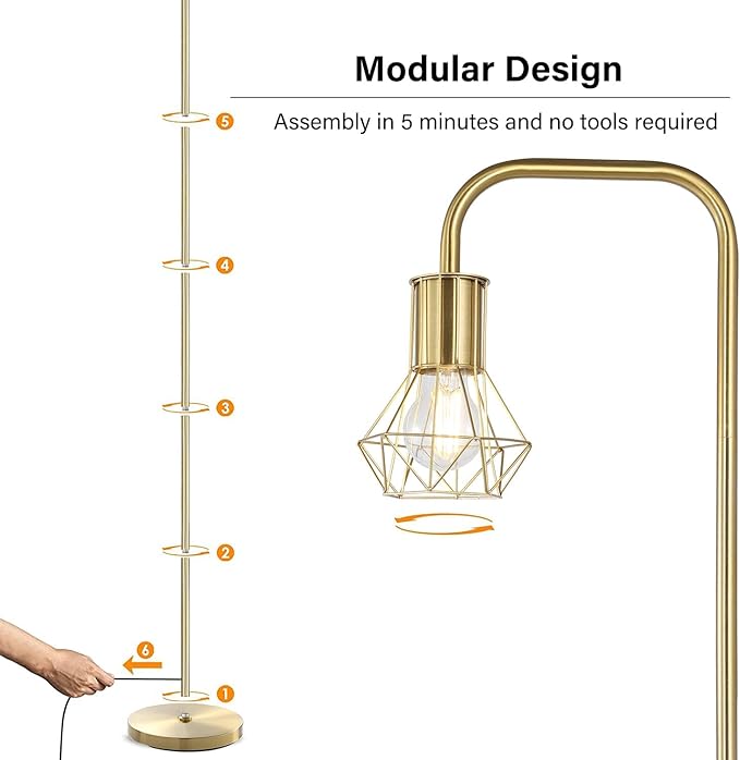 BoostArea Gold Floor Lamp, Industrial Floor Lamp, 6W Diamond Standing Lamp, E26 Socket, On/Off Footswitch, Whole Metal, Modern Small Simple Stand Up Lamp for Bedroom Living Room, Vintage, Mid Century