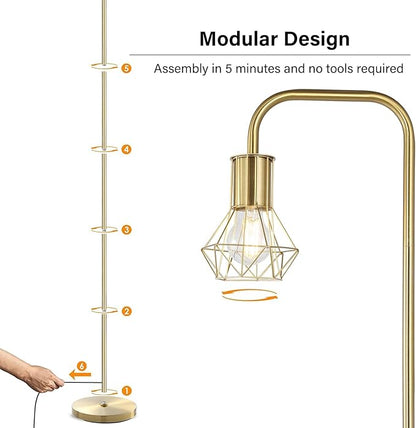 BoostArea Gold Floor Lamp, Industrial Floor Lamp, 6W Diamond Standing Lamp, E26 Socket, On/Off Footswitch, Whole Metal, Modern Small Simple Stand Up Lamp for Bedroom Living Room, Vintage, Mid Century