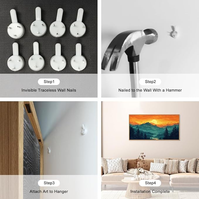 HOURIA Large Sunrise Mountain Forest Landscape Framed Canvas Wall Art Set,Orange Sky Green Ridge Wall Decor,Nature Pine Tree Artwork,Boho Watercolor Art Print for Living Room, Bedroom- 40"x20"x1