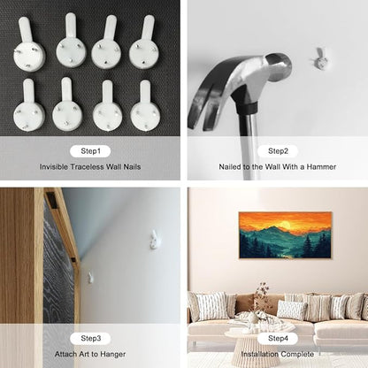 HOURIA Large Sunrise Mountain Forest Landscape Framed Canvas Wall Art Set,Orange Sky Green Ridge Wall Decor,Nature Pine Tree Artwork,Boho Watercolor Art Print for Living Room, Bedroom- 40"x20"x1