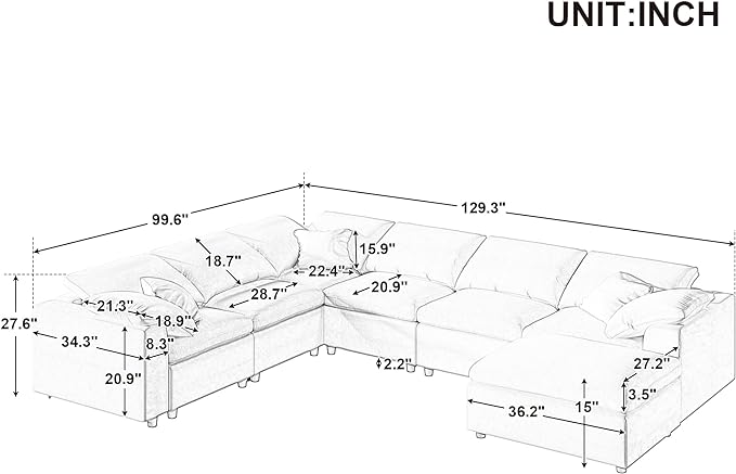 129" Large Modular Sectional Sofa L Shaped Modern Couch, Beige