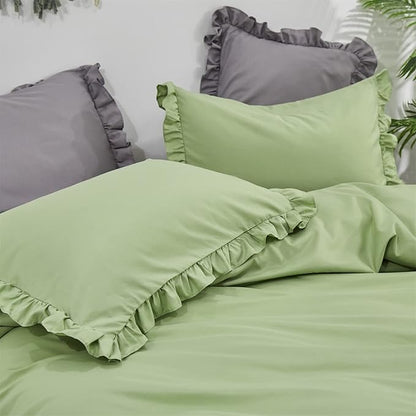 CLOTHKNOW Green Ruffles Comforter Sets Full 3Pcs Farmhouse Bedding Comforter Sets Soft Shabby Chic Comforter with 2 x Pillow Cases