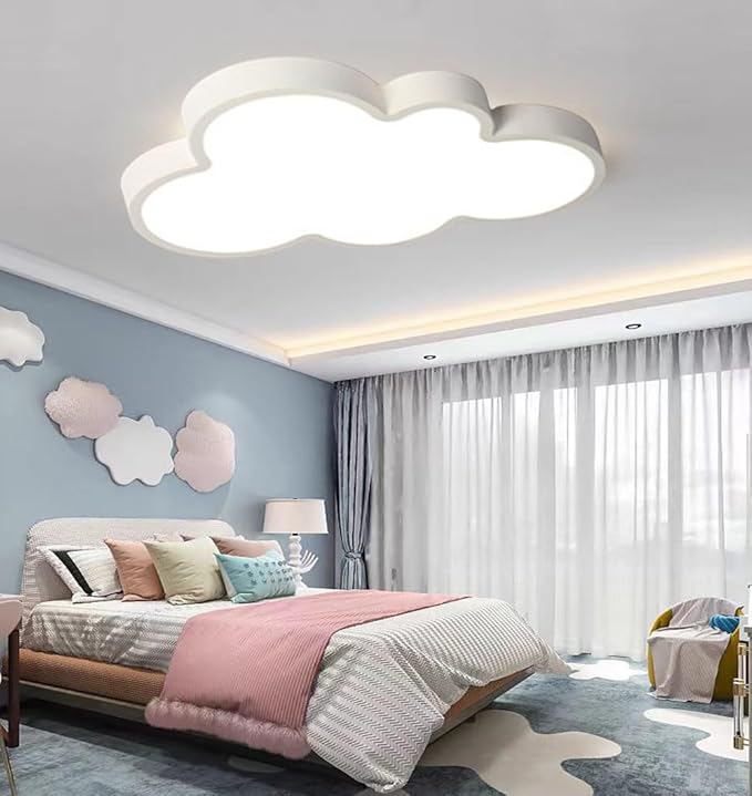 Cloud-Shaped Ceiling Light for Kids Room - 3-Color Adjustable, Dimmable LED Nursery Light, Flush Mount Modern Ceiling Lamp for Bedroom, Playroom (White) 22IN 48w