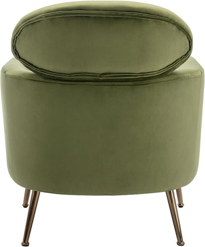 Velvet Accent Chair Set of 2 Comfy Living Room Chair Slipper Chair Mid Century Single Sofa Arm Chair with Golden Legs and Pillow for Bedroom/Guest Room, Olive Green