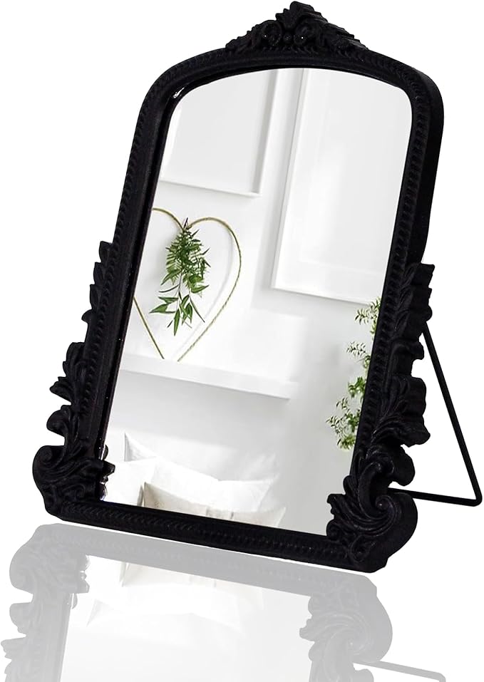 Black Vintage Arched Vanity Mirror, Baroque Tabletop Makeup Mirror, Decorative Antique Mirror for Dresser, Bedroom, Living Room, 11.8" x 9.6"