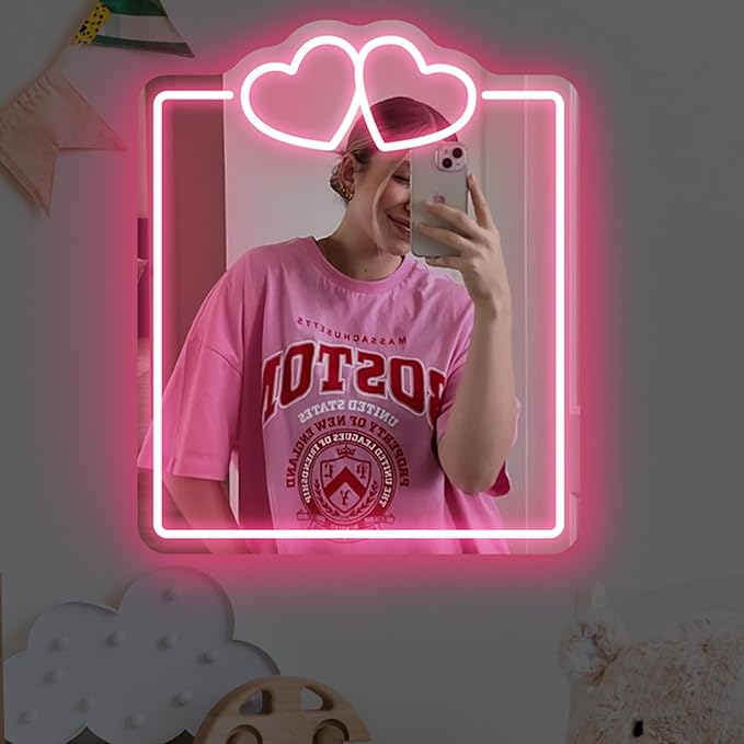 Heart Mirror Neon Sign, Beauty Salon Mirror Decor, Dorm Room, Valentine's Day Gifts,Gifts For Her, Vanity Wall Hallway Decor, Girls Room, Boho Mirror Wall Sign Art Gift