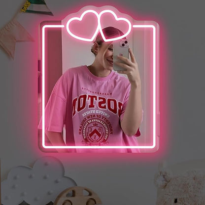 Heart Mirror Neon Sign, Beauty Salon Mirror Decor, Dorm Room, Valentine's Day Gifts,Gifts For Her, Vanity Wall Hallway Decor, Girls Room, Boho Mirror Wall Sign Art Gift