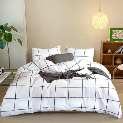 CLOTHKNOW White Plaid Comforter Set Twin/Twin XL 3Pcs Grid Bedding Comforter Sets White and Black Comforter with 2 x Pillowcases